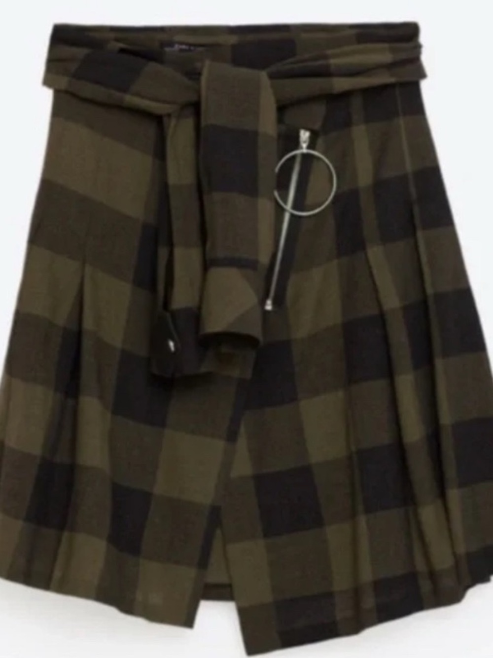 Zara Olive Green & Black Plaid Skater Skirt with Ring Zip